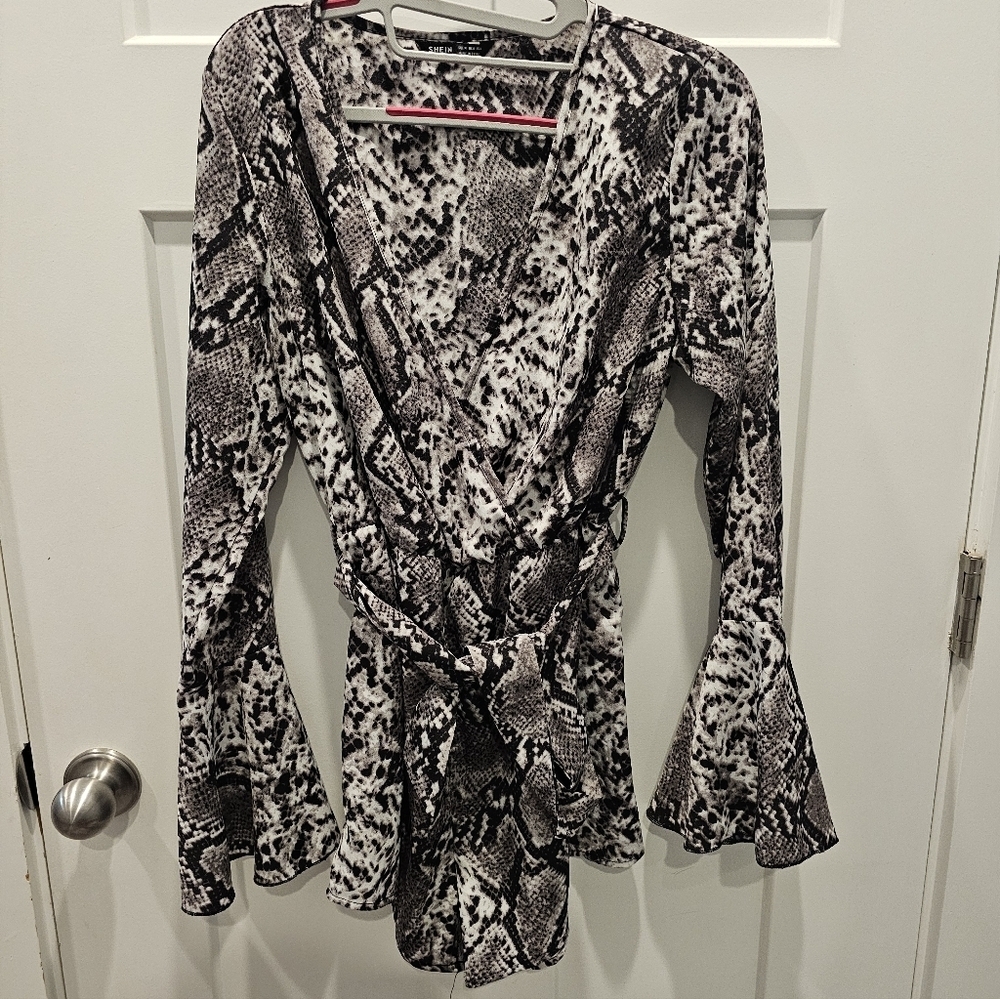 SHEIN Snakeskin Print Wrap Romper Size M Tie Waist Long Bell Sleeve